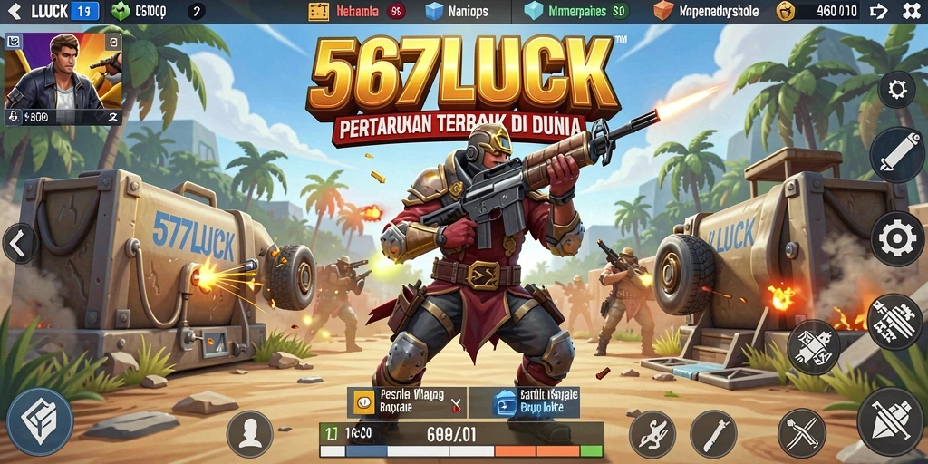 Screenshot utama 567LUCK menampilkan adegan pertarungan seru dalam arena Battle Royale.