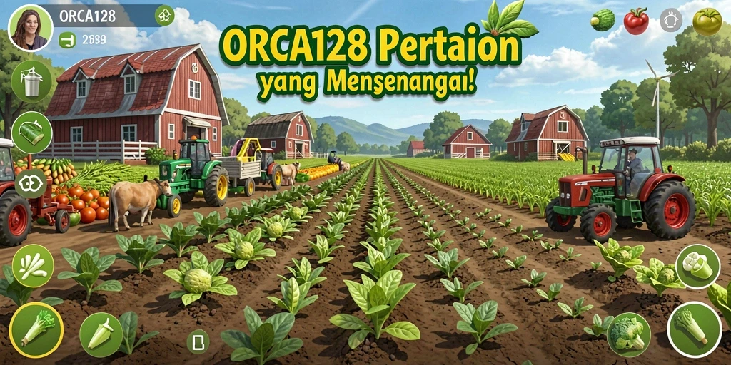 Screenshot menampilkan gameplay seru ORCA128 di ladang pertanian.