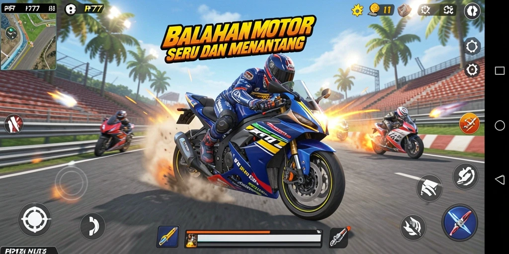 Gameplay PF777 menampilkan balapan motor yang seru dan mendebarkan.