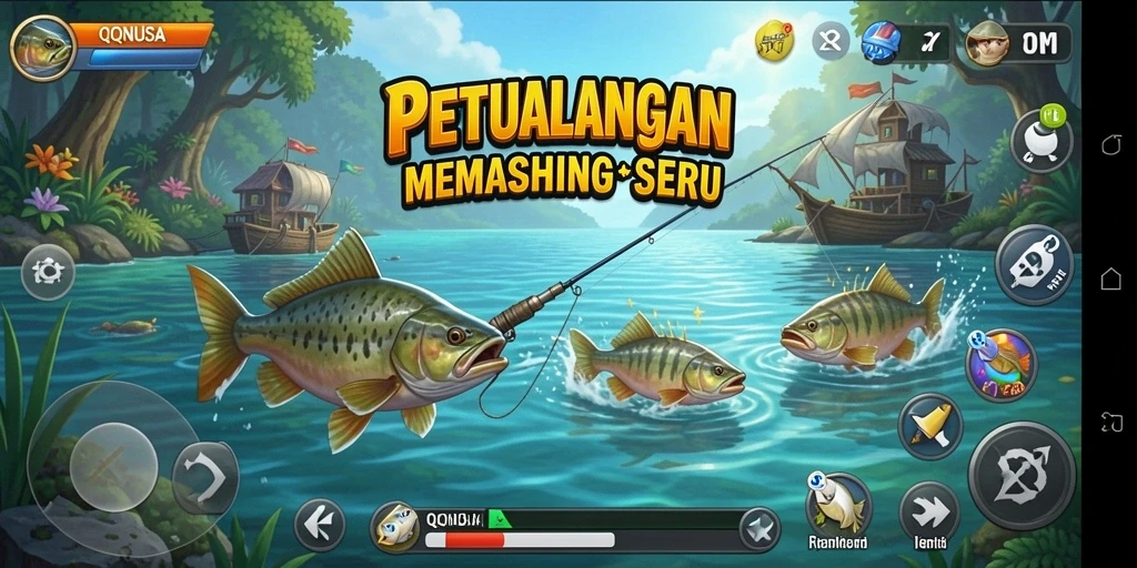 Screenshot gameplay QQNUSA menunjukkan aksi memancing yang mendebarkan dan indah.