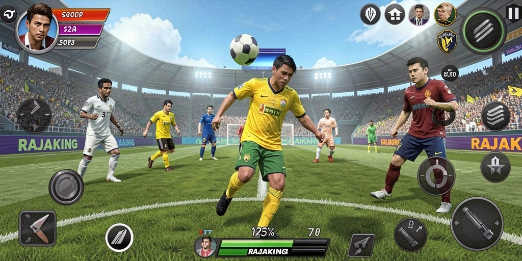 Tangkapan layar RAJAKING menunjukkan aksi seru dalam gameplay olahraga.