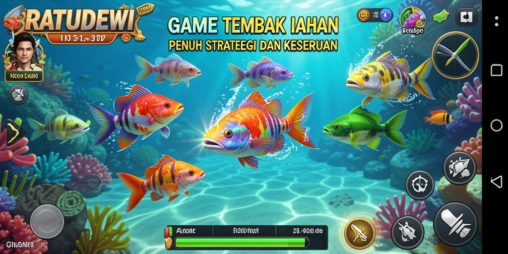 Screenshot gameplay RATUDEWI menampilkan aksi menembak ikan yang seru.
