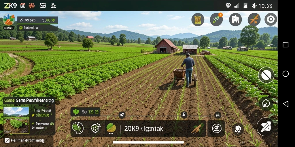 Screenshot gameplay ZK9 menampilkan ladang yang subur dan tanaman yang beragam.